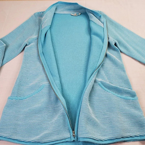 Soft Surroundings Corcovado Zip Sweater Womens Medium Blue White Ribbed Long - Picture 2 of 16